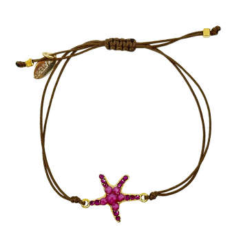 Ekaterini friendship bracelet, starfish, pink Swarovski crystals brown cord and with gold accents